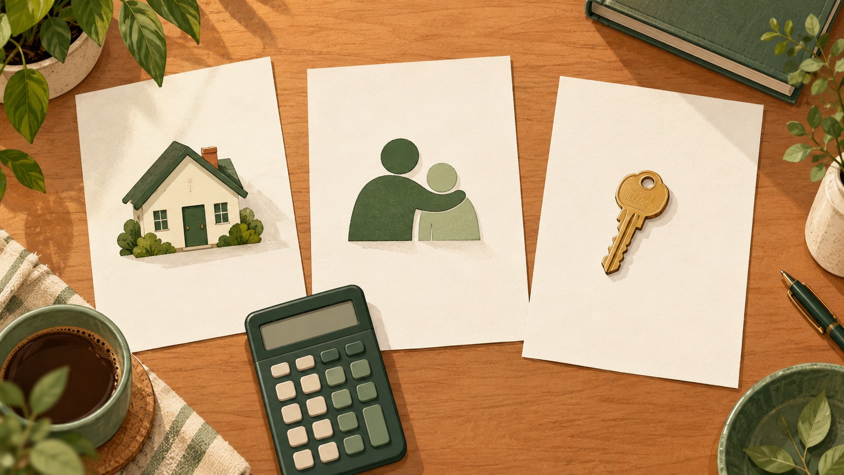 Three blank paper sheets, house and people icons, a calculator, and a key on a tabletop.