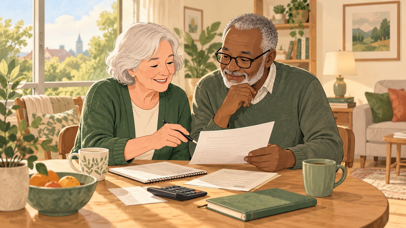 Older adult and friend review a household budget together at a bright apartment window.