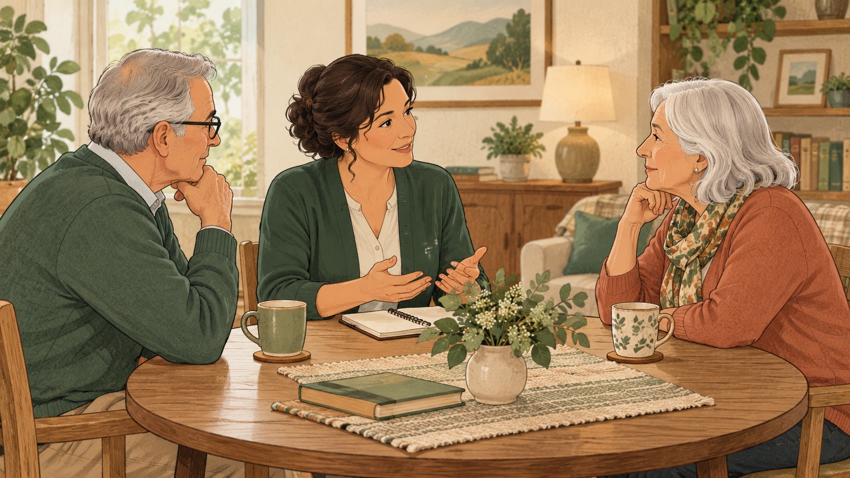 Two adult family members meet with an attentive staff member around a table in a calm home.