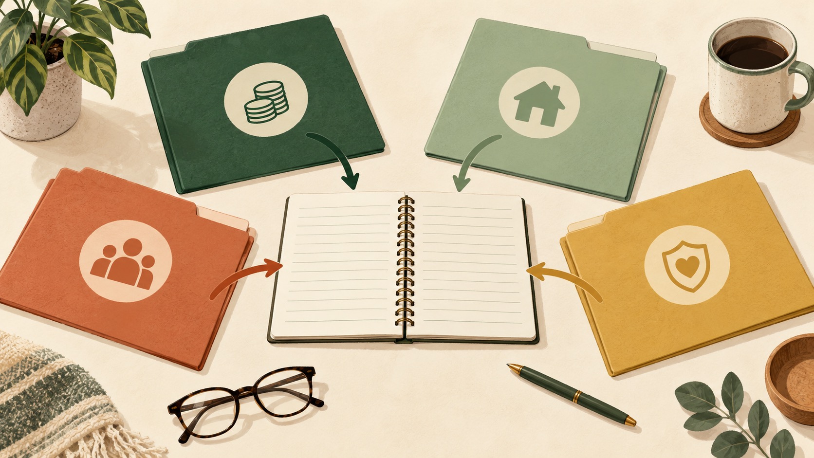 Four color-coded folders lead toward one budget notebook on a warm tabletop.