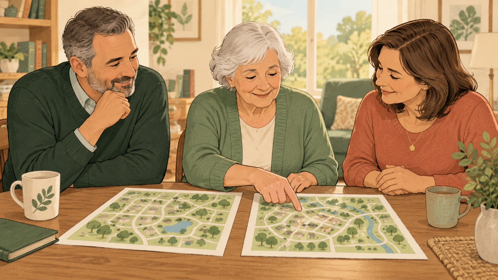 Two adults listen as an older adult compares simple neighborhood maps on a table.