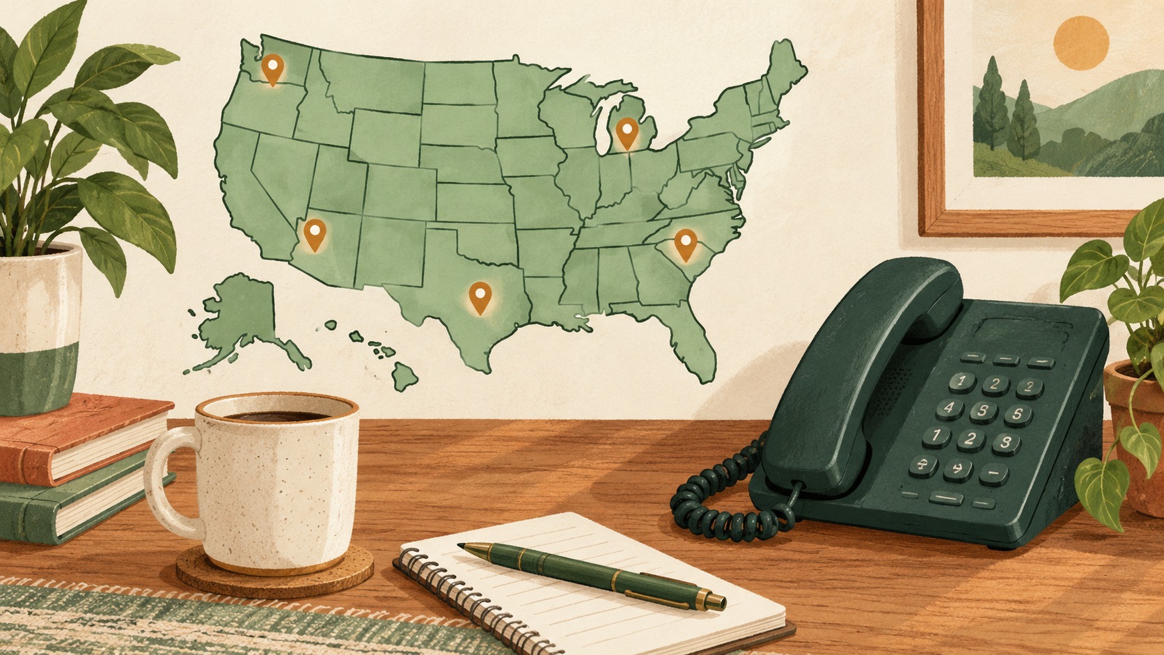 Illustrated United States map with location pins beside a telephone and notebook.